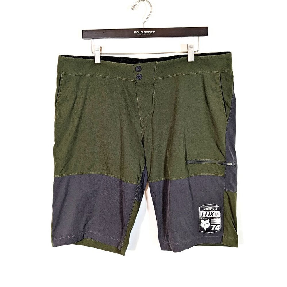 Men's Size XL (38-40") FOX Head Racing Snap Button Khaki Green 13" Board Shorts